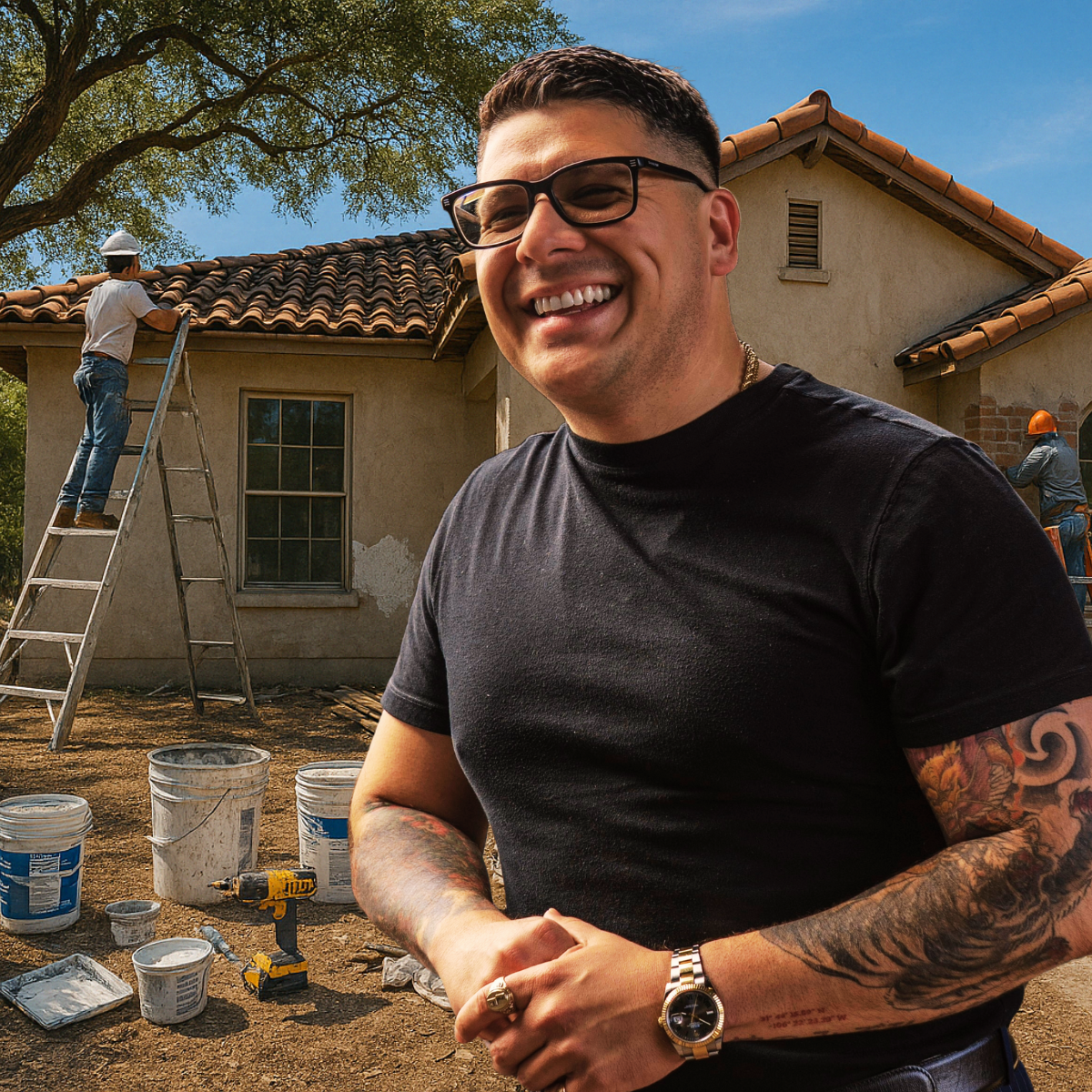 A man with a tattoo on his arm is smiling in front of a house