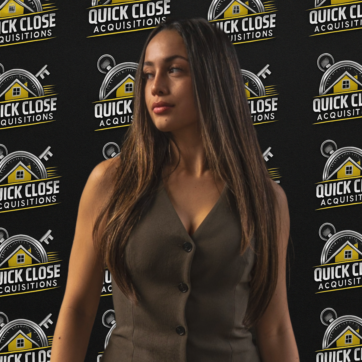 A woman stands in front of a wall that says quick close acquisitions