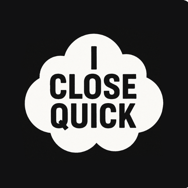A black and white logo that says i close quick