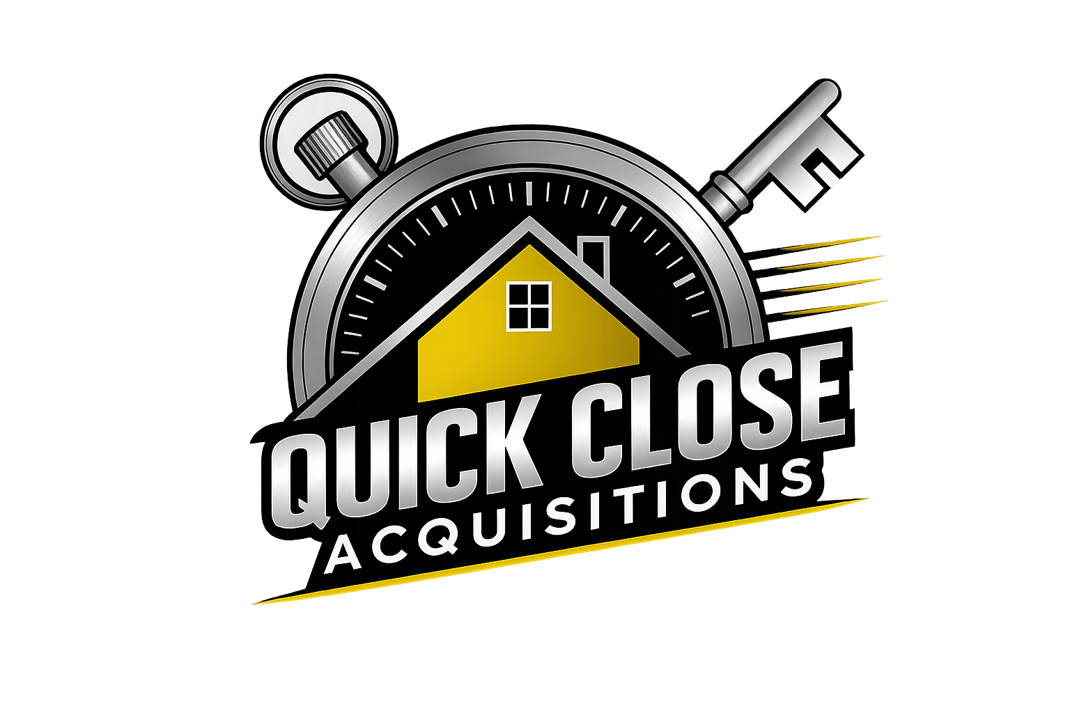 A logo for quick close acquisitions with a house and two keys