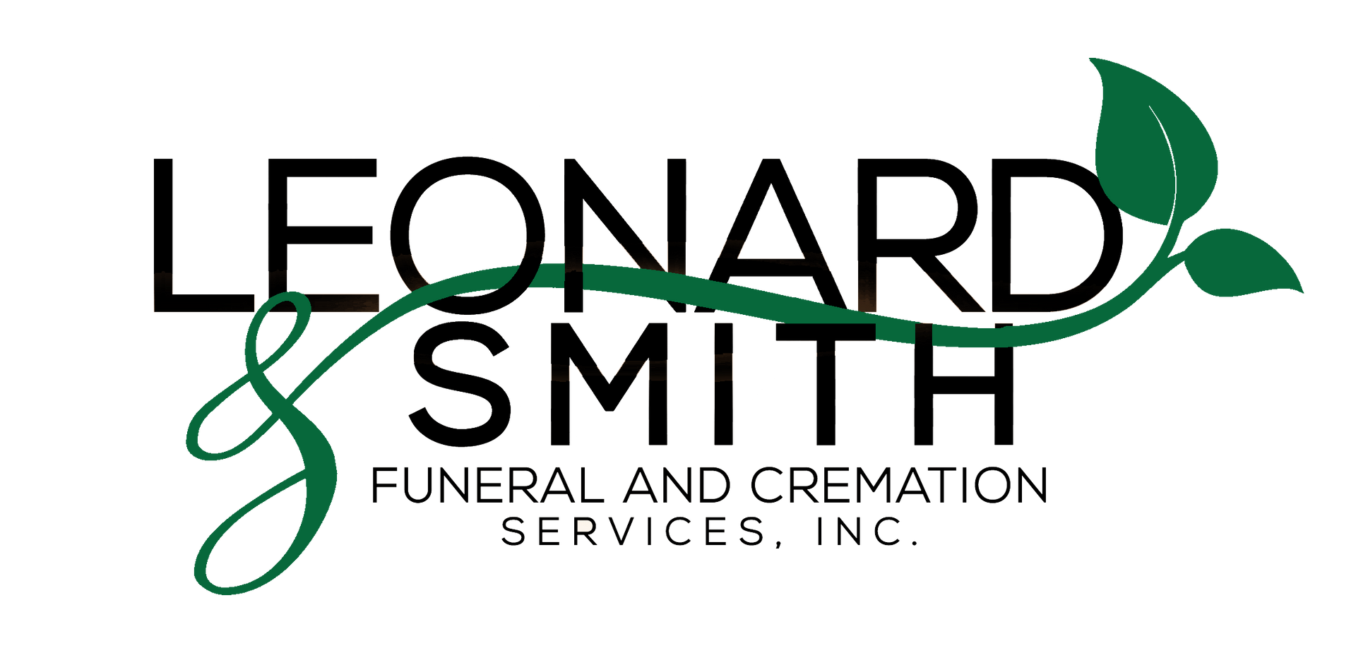 Logo for Leonard & Smith Funeral and Cremation Services, Inc. featuring a green vine curling through black text.