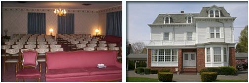 Interior of a funeral home chapel with rows of chairs and a large house exterior.