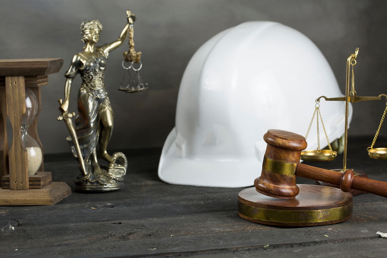 Judge’s gavel, scales of justice, hourglass, and hard hat on a dark desk background. Judge’s gavel, scales of justice, hourglass, and hard hat on a dark desk background.