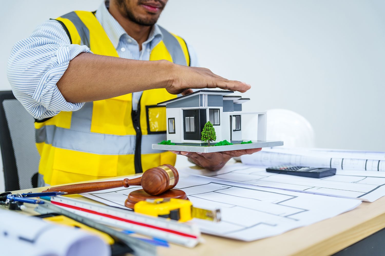 Construction worker in yellow safety vest presenting a small house model over blueprints at a desk Construction worker in yellow safety vest presenting a small house model over blueprints at a desk