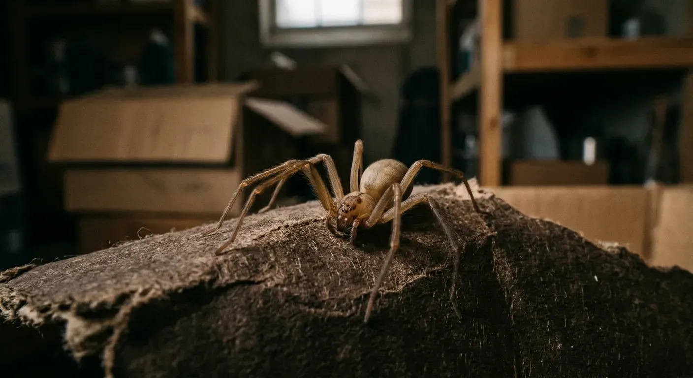 Brown recluse spider on cardboard in Kansas City basement storage area