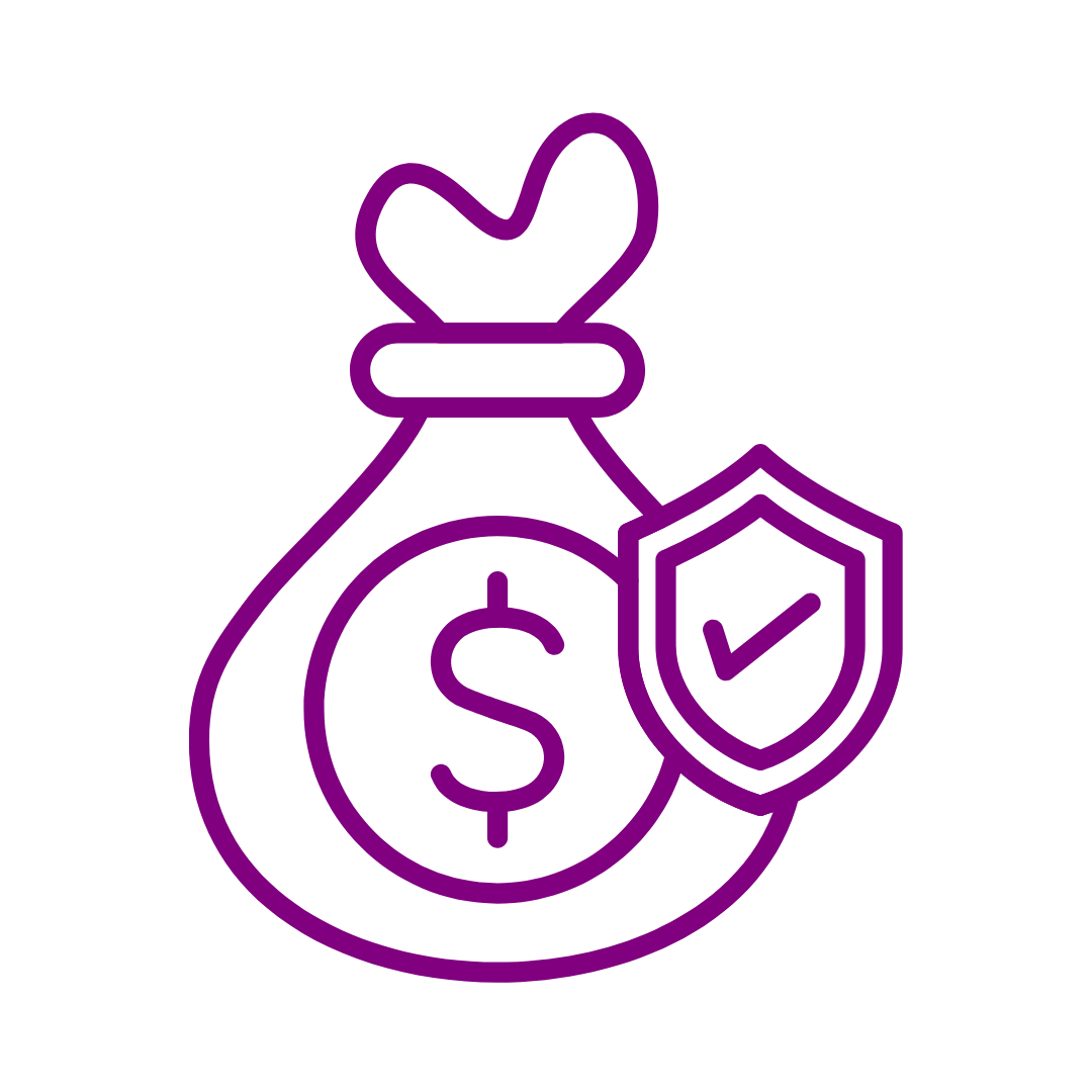 Purple outline of money bag with dollar sign and shield checkmark icon