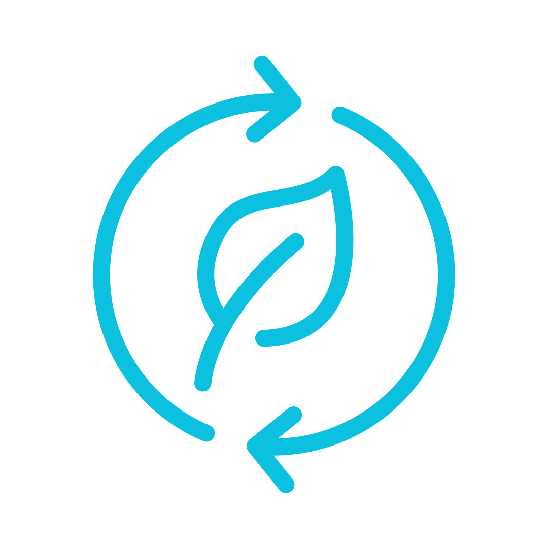 Blue recycling icon with circular arrows around a leaf symbol