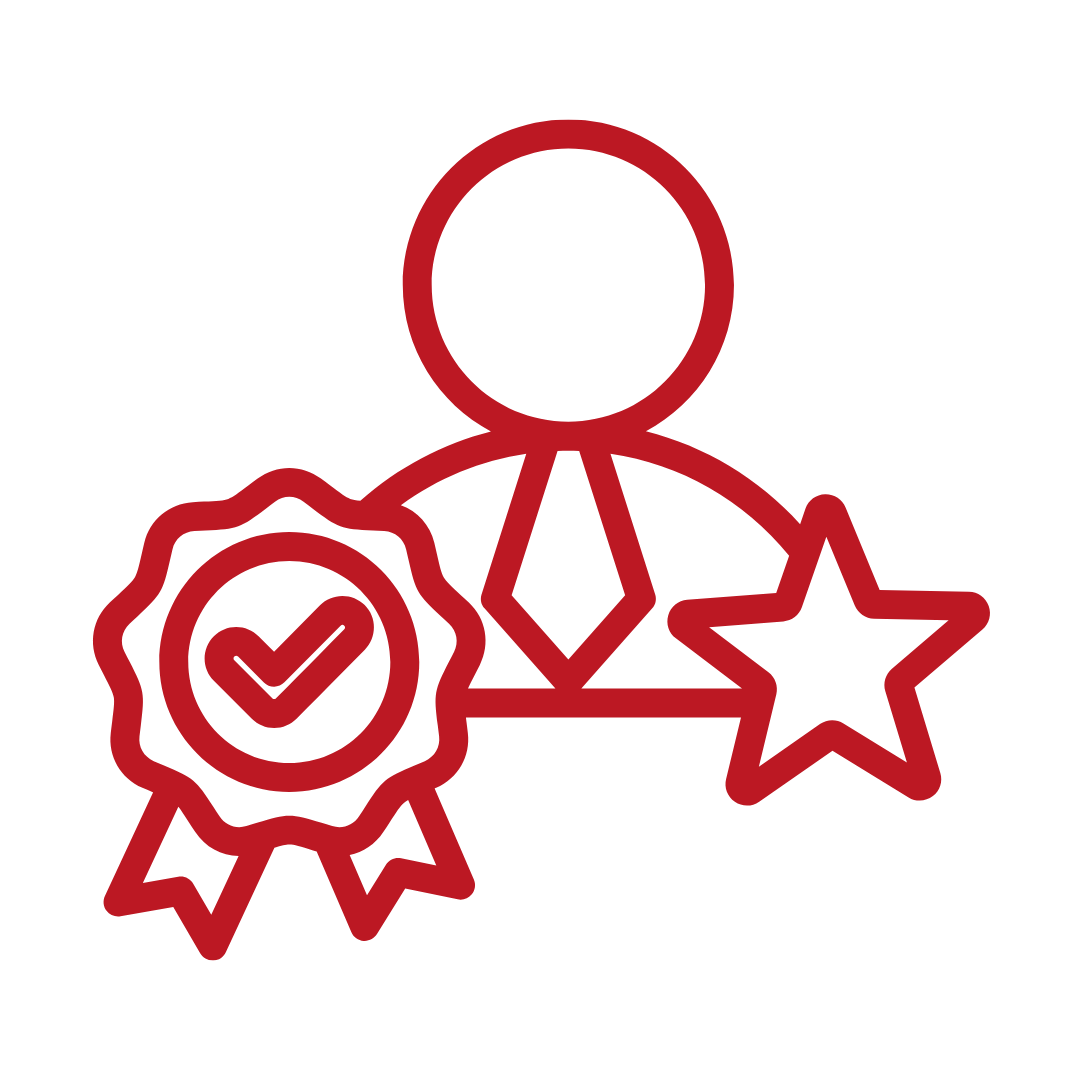 Red outline icon of a person with a check badge and star ratings
