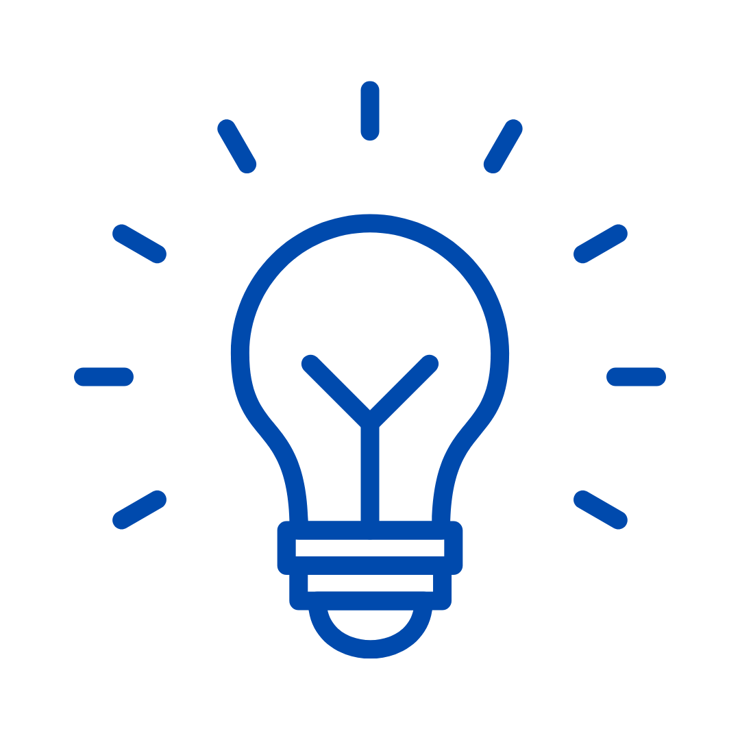 Blue outlined light bulb with rays, symbolizing an idea or innovation