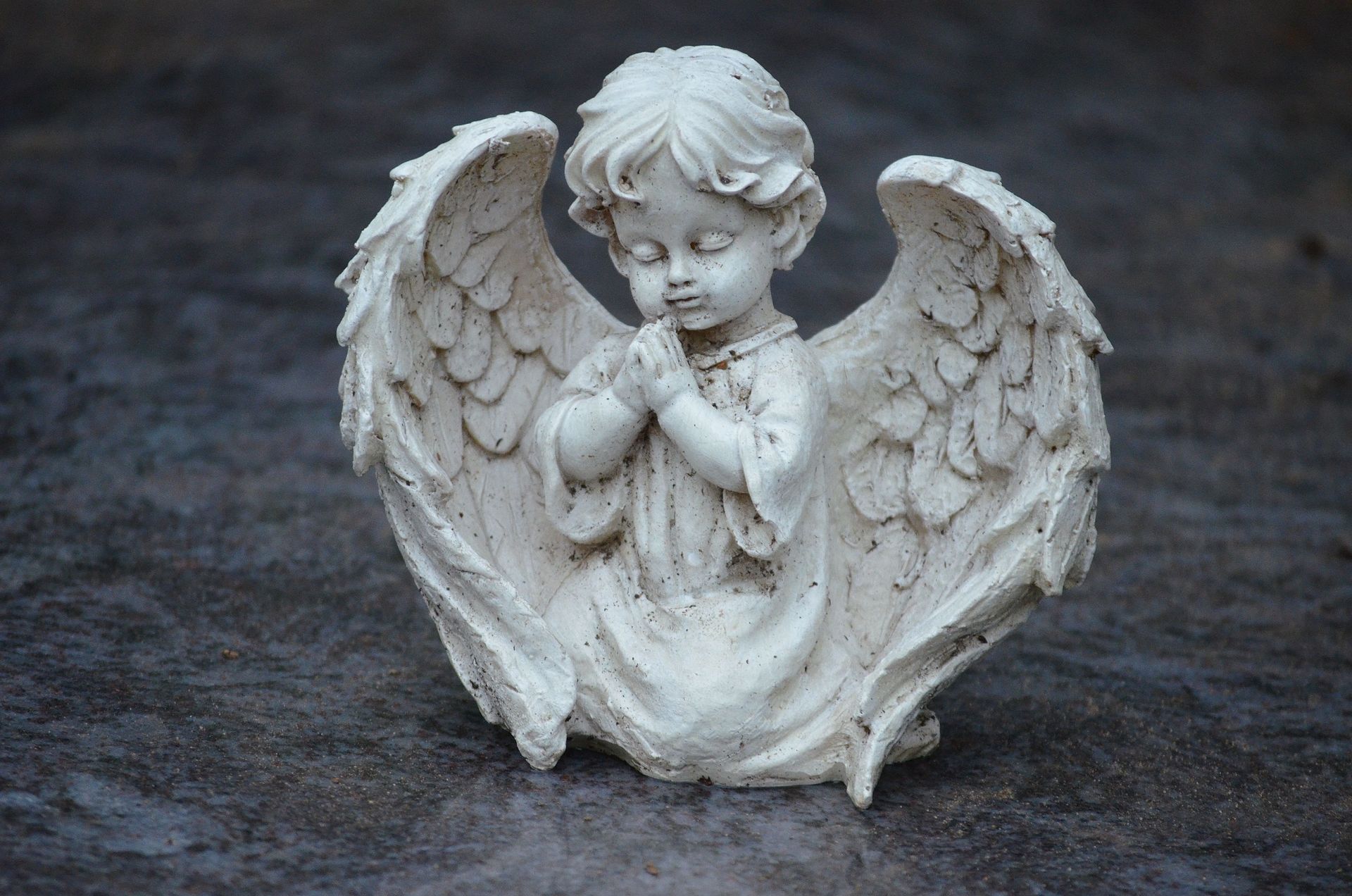 White angel figurine with folded hands and wings against a dark background
