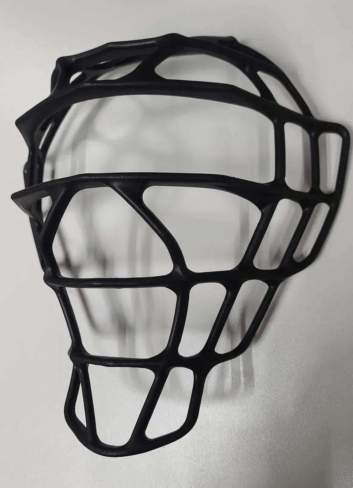 A black, protective softball catcher’s mask with a wide wire cage design, centered against a plain white background.