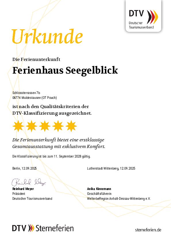 Zertifikat Deutscher Tourismus Verband - 5 Sterne Unterkunft