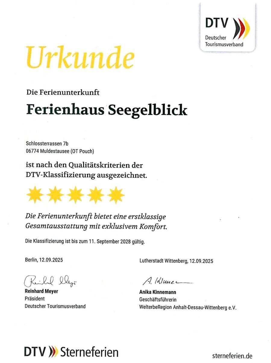 Urkunde Ferienhaus Seegelblick vom DTV