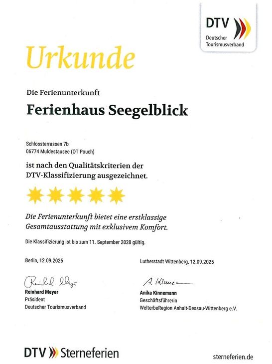 Urkunde Ferienhaus Seegelblick DTV Sterneferien
