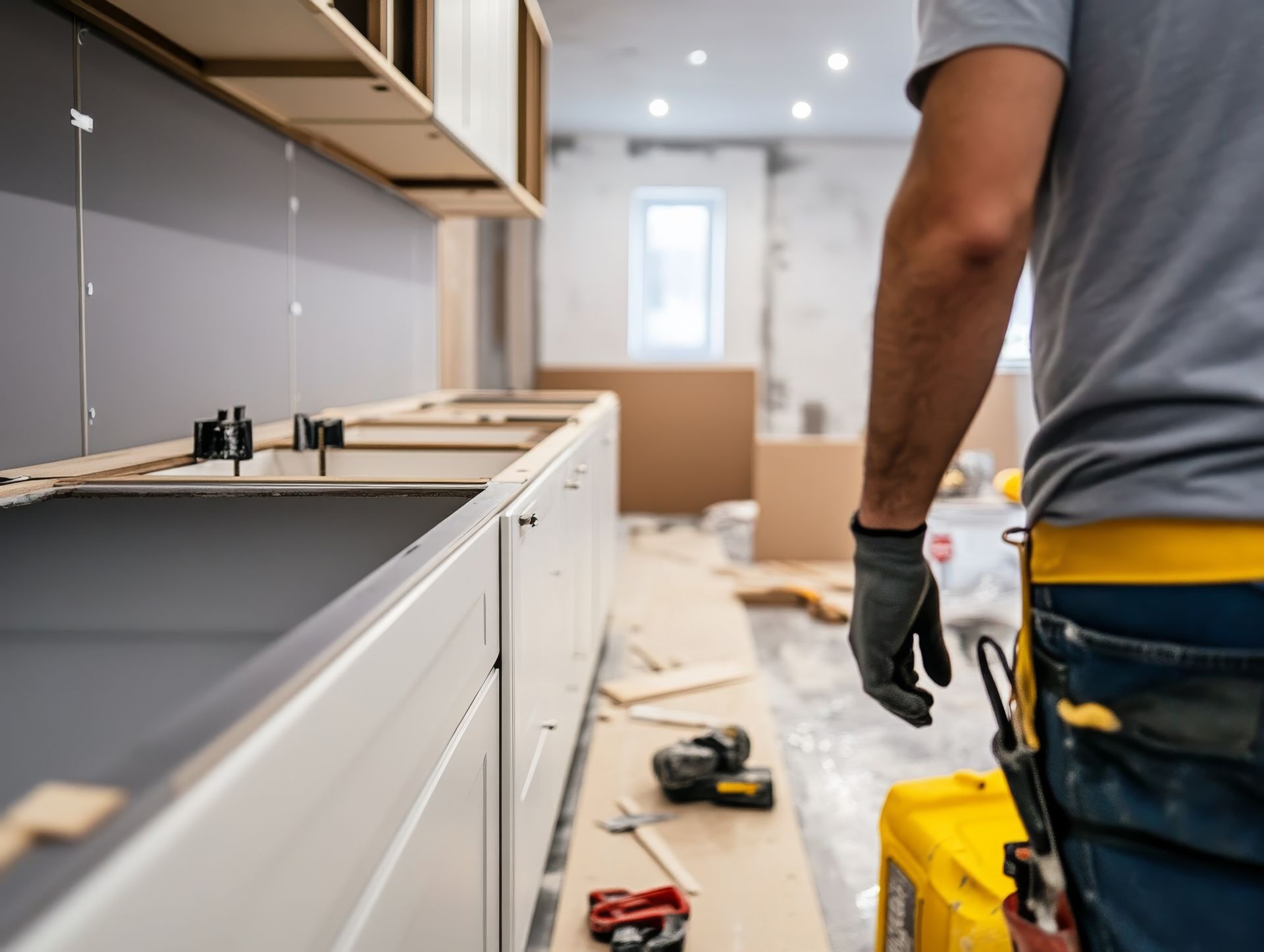 Cuisine en construction avec placards, outils et un ouvrier ganté près du comptoir