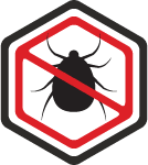 Black tick icon inside a red prohibition symbol on a white hexagonal sign.