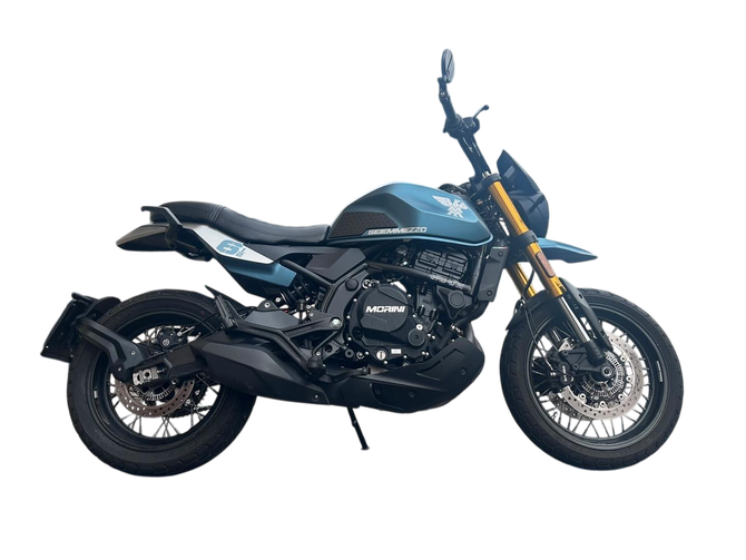 Motocicletta moderna nera e color ottanio con forcelle anteriori dorate, vista di lato su sfondo bianco