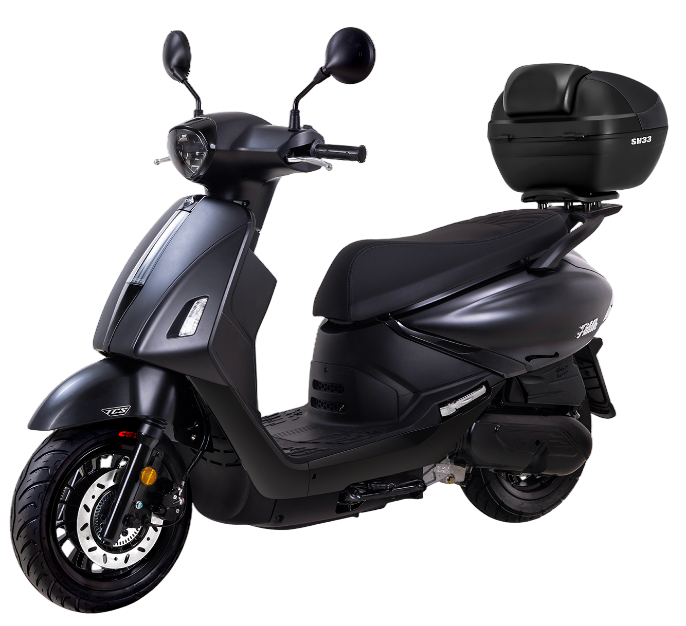 Uno scooter SYM Jet X rosso e grigio, ripreso di tre quarti su uno sfondo bianco uniforme.