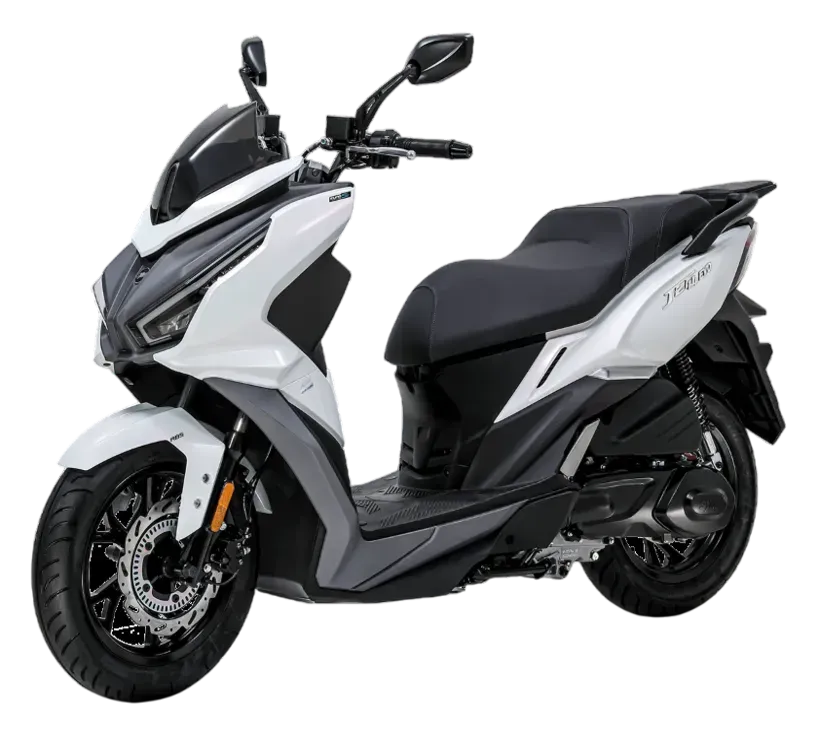Uno scooter SYM Jet X 125 bianco su sfondo bianco, caratterizzato da un design sportivo e una sella nera.
