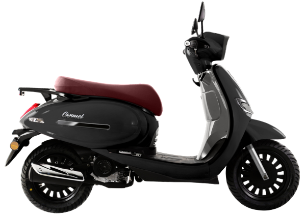 Uno scooter TVS Jupiter 125 grigio opaco, visto di profilo su sfondo bianco.