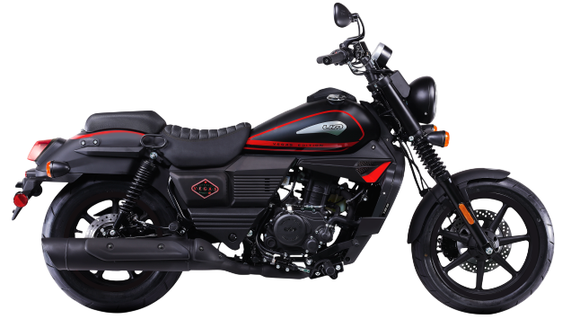 Una motocicletta TVS Ronin color argento con strisce da corsa rosse, vista di profilo su sfondo bianco.