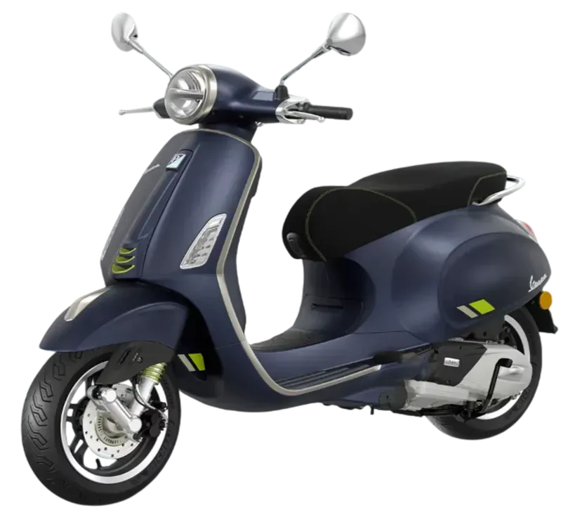 Uno scooter Vespa blu scuro visto di profilo su sfondo bianco.