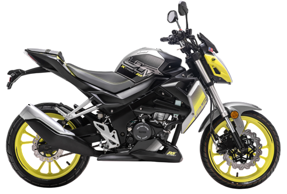Motocicletta TVS Raider grigia e nera con design sportivo e cerchi in lega