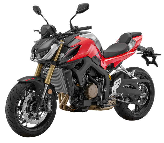 Moto sportiva rossa e nera su sfondo bianco
