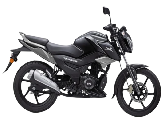 Una motocicletta TVS Raider 125 nera e grigia parcheggiata su uno sfondo bianco uniforme, vista di profilo.