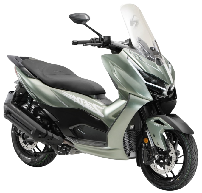 Uno scooter Vespa blu scuro visto di profilo su sfondo bianco.