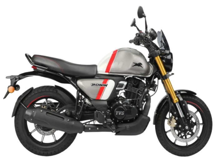 Una foto in studio di una motocicletta TVS Ronin argento e nera con una striscia da corsa rossa su sfondo bianco.