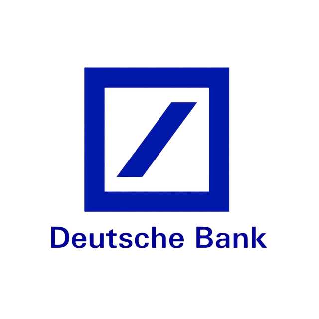 Logo Deutsche Bank con barra diagonale blu in quadrato bianco