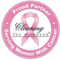 Pink circular badge reading 
