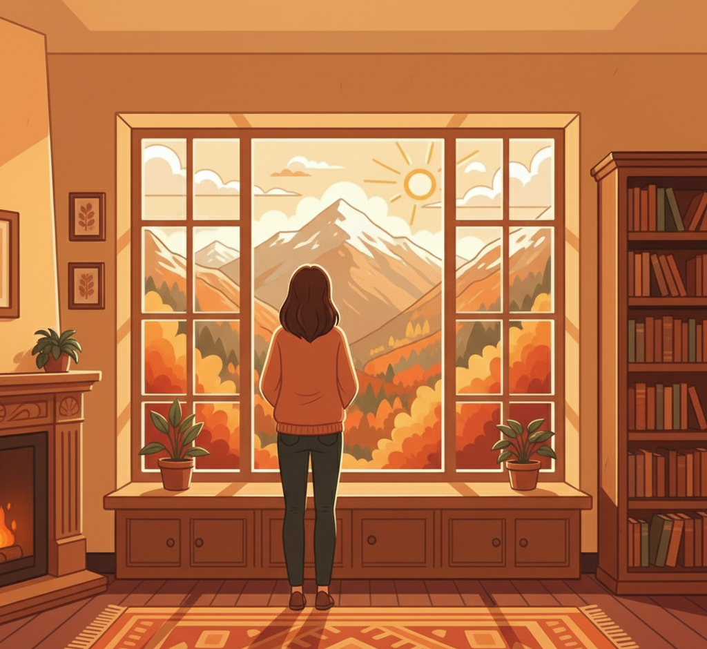 Woman gazing at mountains through a large window. Cozy living room with fireplace and bookshelf, warm colors.