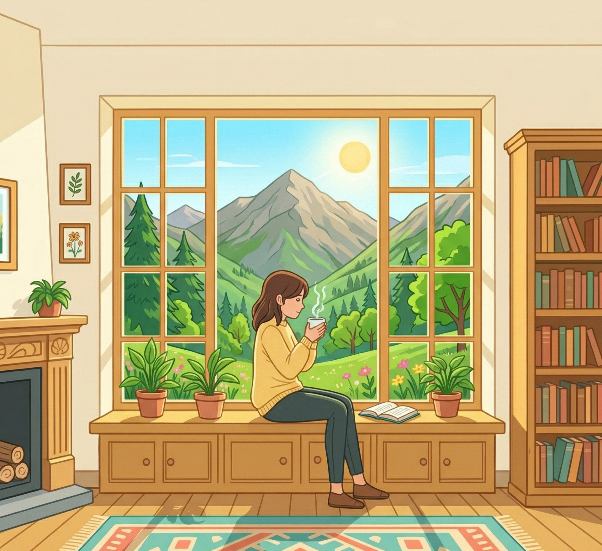 Woman sipping from a mug, sitting on a window seat with mountain view, in a cozy room with fireplace and bookshelf.