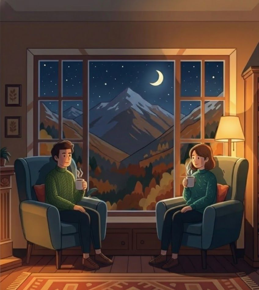 Cozy interior with two people sipping drinks by a fireplace and a large window with a mountain view at night.