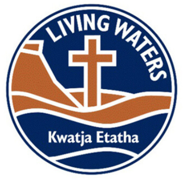 Logo for Living Waters, featuring a cross over stylized water and land; text includes