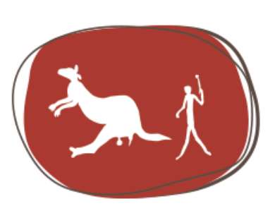 White silhouette of a kangaroo and a human figure with a spear against a red background within an oval frame.