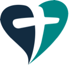 Heart-shaped logo with a teal and navy blue split, with a white cross in the center.