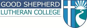 Logo for Good Shepherd Lutheran College: text over a blue bar; a shield with a cross, river, and sunrise.