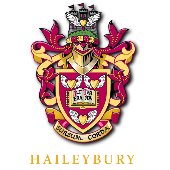 Haileybury School crest: Maroon and gold heraldic design featuring a shield, helmet, and motto