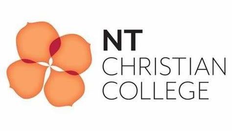 Logo for NT Christian College. An orange, overlapping flower shape is on the left with