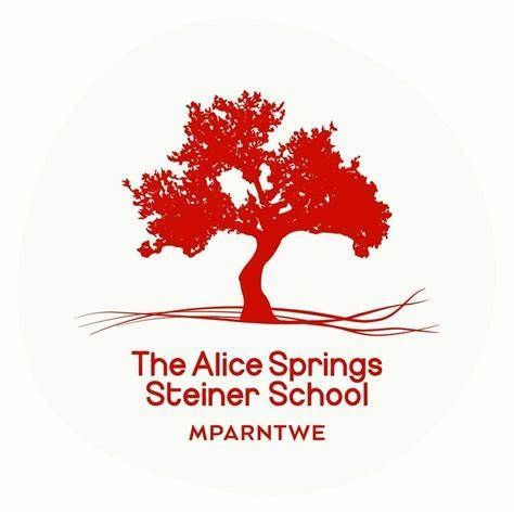 Red tree silhouette logo for The Alice Springs Steiner School on a white background. Text includes the school's name and the letters MPARNTWE.