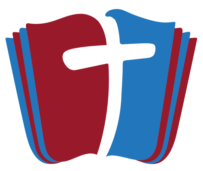 A white cross overlaid on open books, one red and one blue.