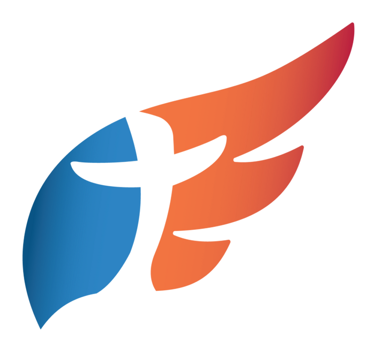 Winged cross icon in blue and orange, possibly representing faith or spirituality.