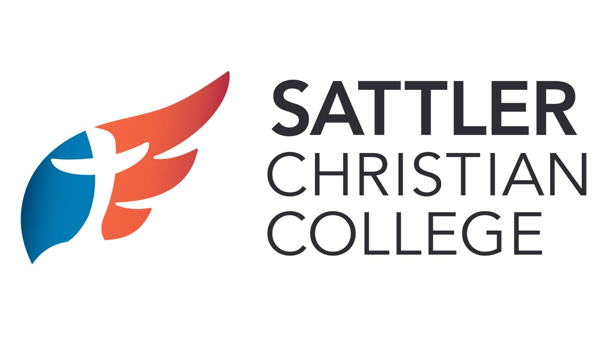 Logo for Sattler Christian College: a blue and orange wing design with a cross, and the text