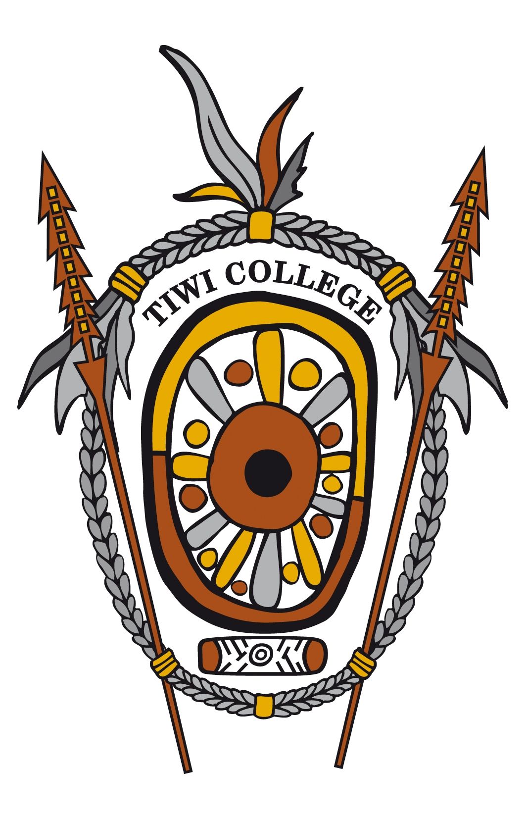 Tiwi College emblem with a central shield design, spears, and a 
