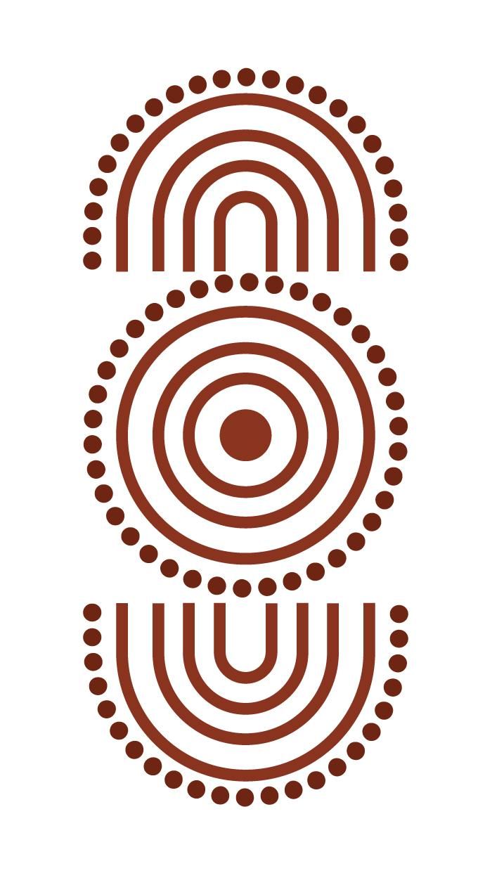 Brown Aboriginal art featuring two curved shapes flanking a central circle with concentric rings.