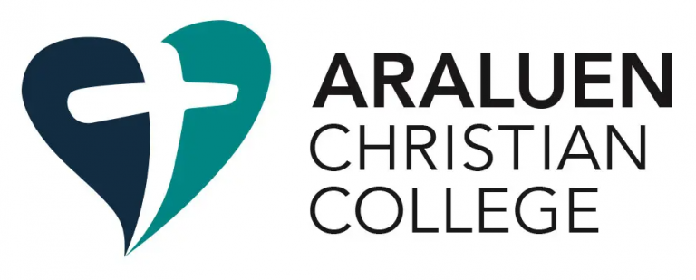 Logo for Araluen Christian College. A heart shape is divided into two colors, teal and dark blue, with a white cross in the middle.