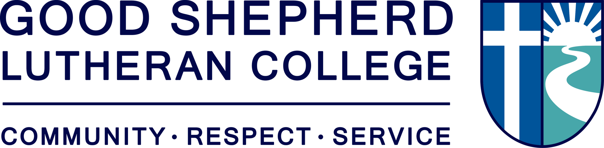 Logo for Good Shepherd Lutheran College. Features the name, with a shield emblem showing a cross, river, and sun rays.